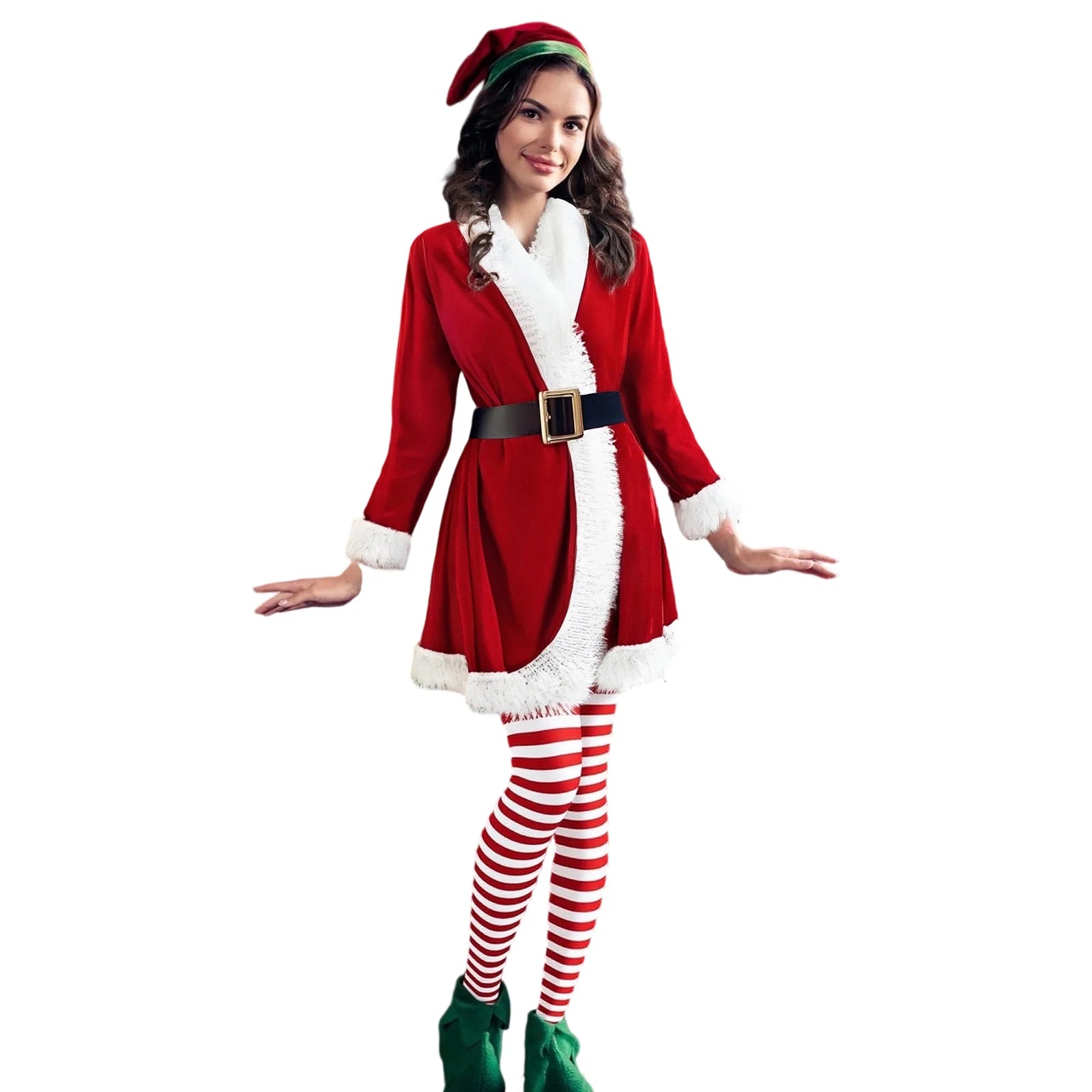 Women’s Christmas Cosplay Costume – Red Velvet Dress with Santa Hat, Gloves & Stockings Set