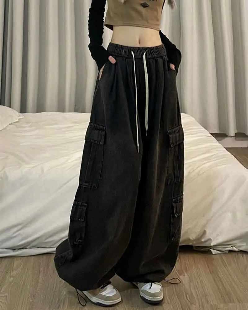 Elastic Waist Straight Wide Leg Pants Oversized Baggy Denim Trousers