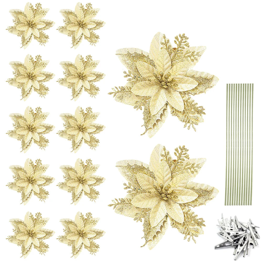 Glitter Poinsettia Christmas Tree Ornaments – 12/24/36PCS Red / 12pcs / United States