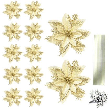 Glitter Poinsettia Christmas Tree Ornaments – 12/24/36PCS Red / 12pcs / United States