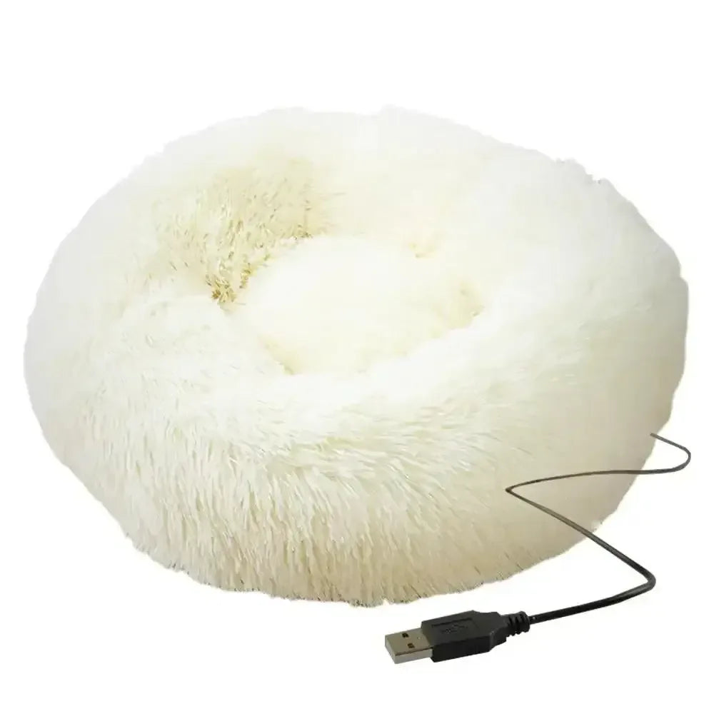 Round Dog Bed House Dog Mat Long Plush Cats Nest USB Heating Dog Basket Pet Cushion Soft Sleeping Pets Winter Warmth Supplies Gray / M / United States