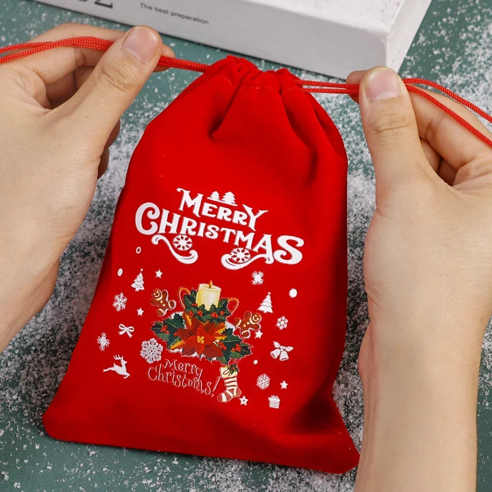 Red Christmas Velvet Bags Santa Candy Snack Drawstring Pouch