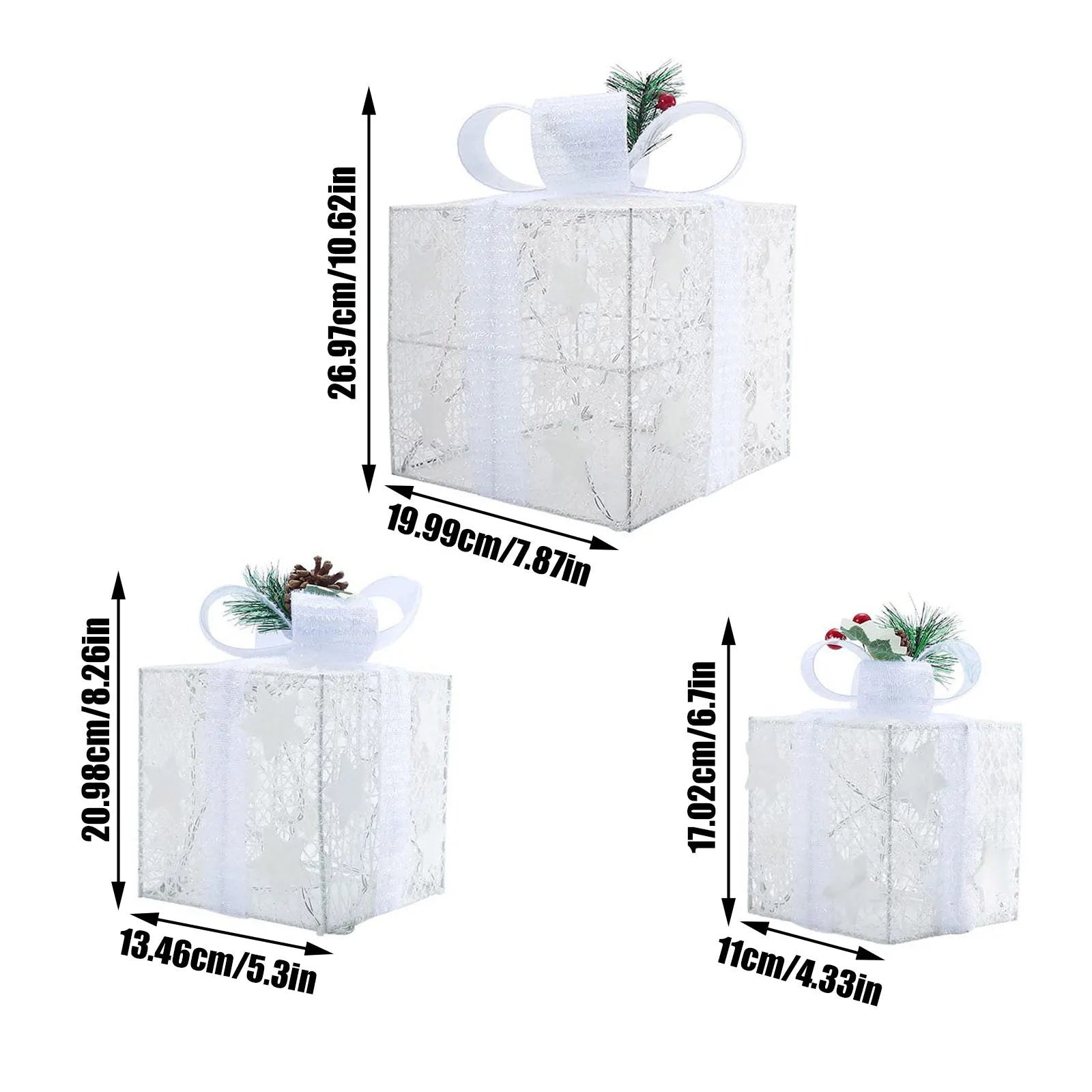 Set of 3 LED Christmas Gift Boxes with Green Bows