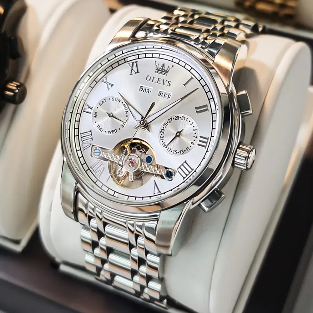 OLEVS Men's Watches Automatic Mechanical Business Wristwatch Silver white face