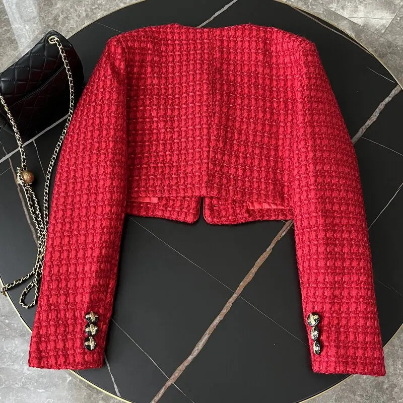 Single Breasted Tweed Weave Cropped Tops