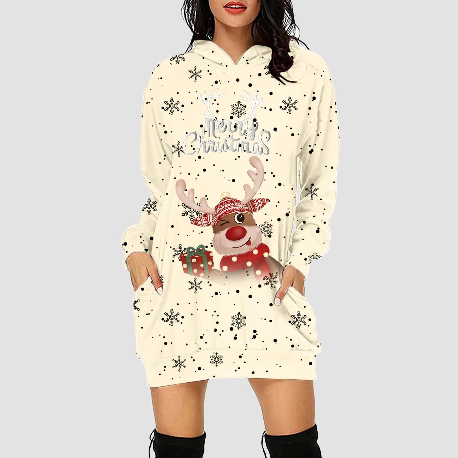 Women & Girls Christmas Sweatshirt Dress – Snowflakes & Reindeer Print, Long Sleeve