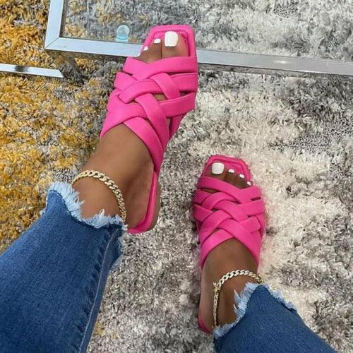 Summer Leather Flat Beach Slides Outdoor Casual Women Slippers Pink / 6