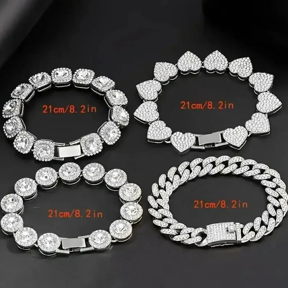 4 Piece Heart Shape Cuban Tenni Bracelet Set for Women United States / SILVER