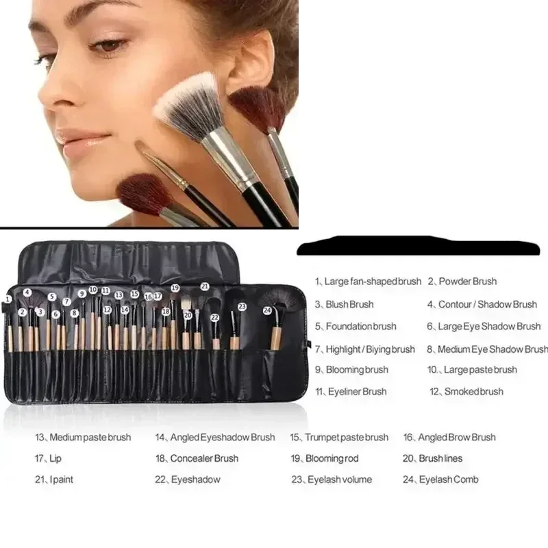 24-Piece Professional Makeup Brush Set with Free Gift Bag & Sponge black color / United States