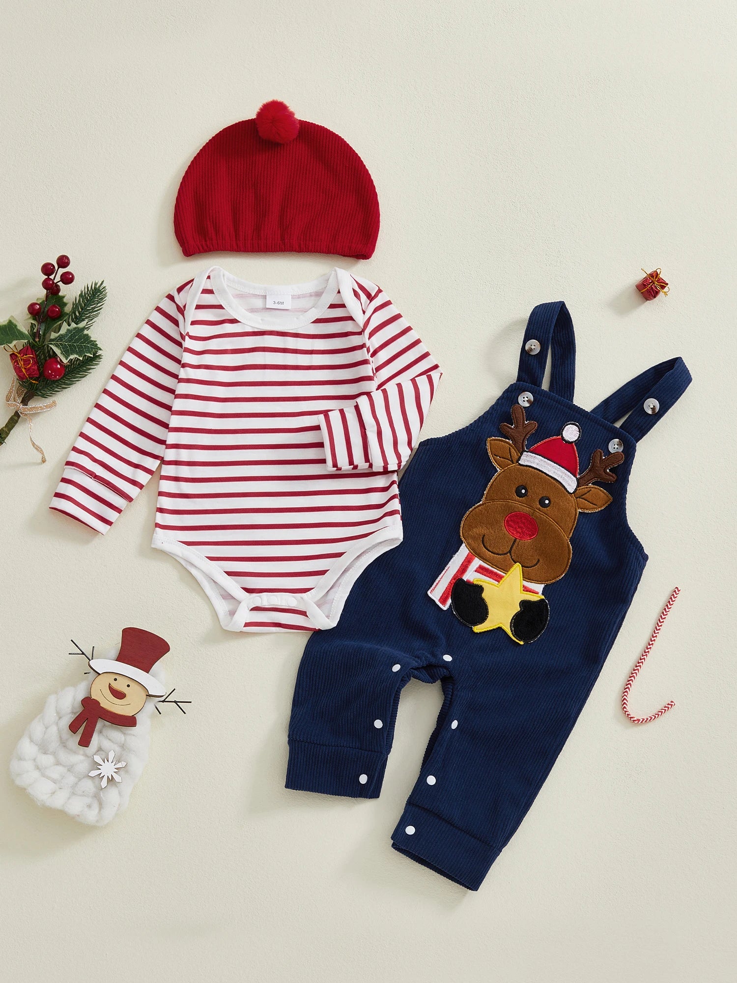 Christmas Baby Boy 3-Piece Reindeer Romper Set with Hat