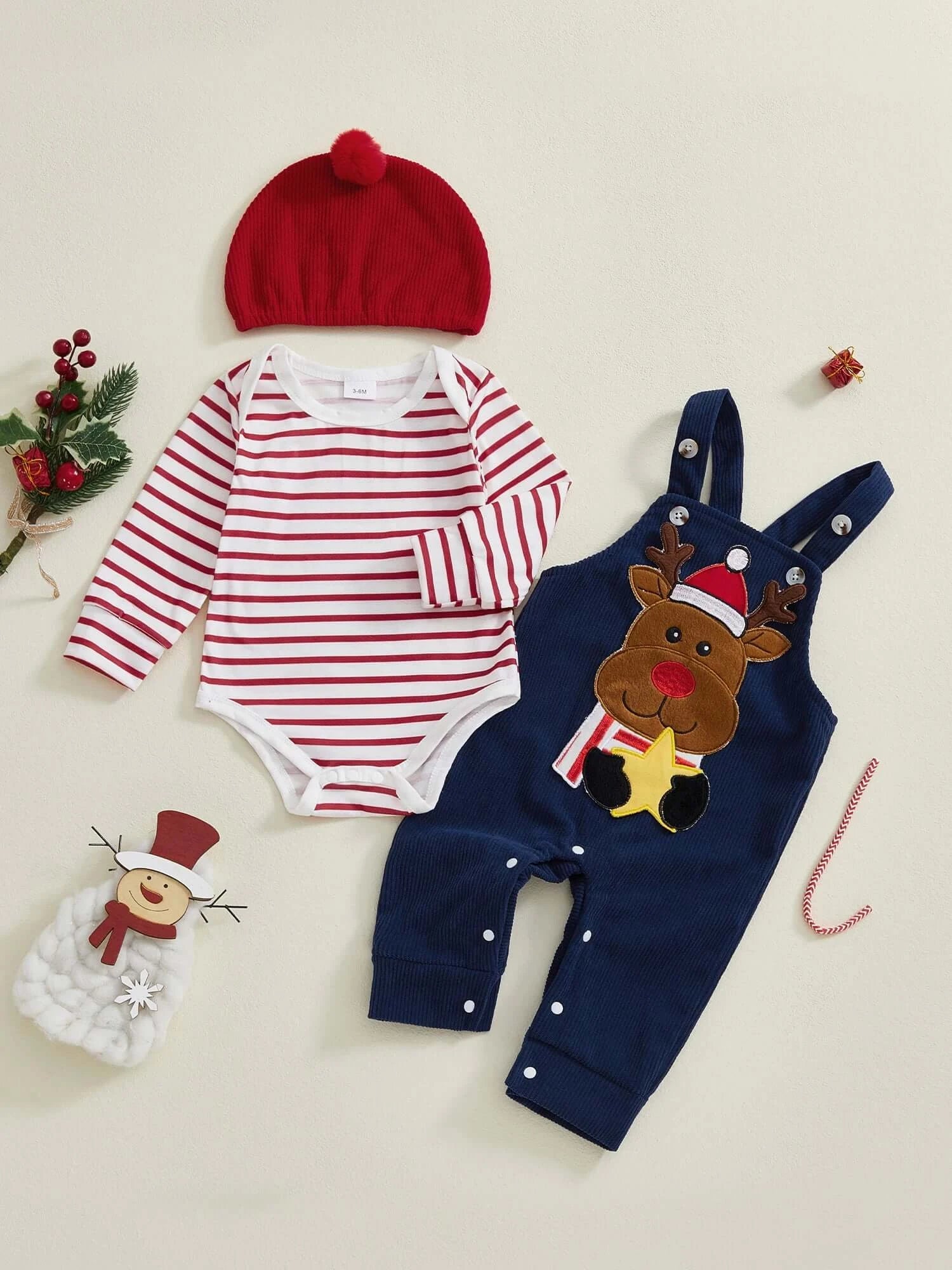 Christmas Baby Boy 3-Piece Reindeer Romper Set with Hat Brown / 0-3 Months / United States