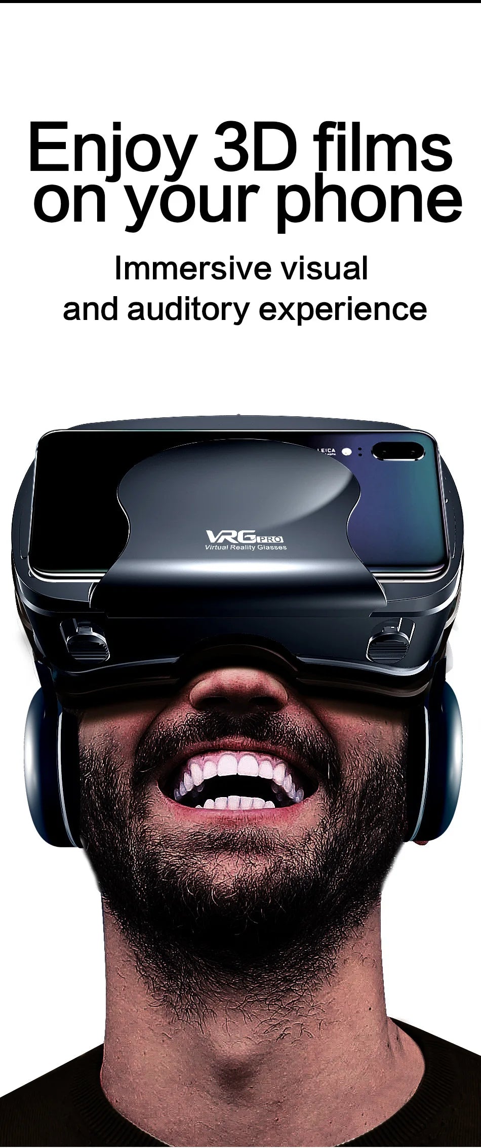 VRG Pro 3D VR Headset with Adjustable Lenses – Immersive Smart Glasses for 3.5–7” Smartphone