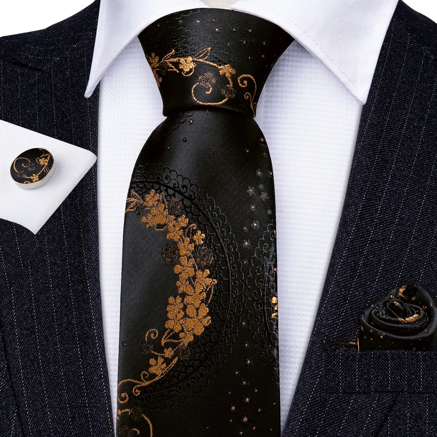 Black & Gold Floral Jacquard Men’s Tie Set – Necktie, Pocket Square & Cufflinks