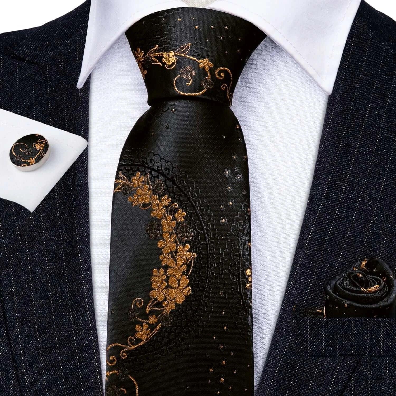 Black & Gold Floral Jacquard Men’s Tie Set – Necktie, Pocket Square & Cufflinks United States