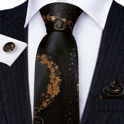 Black & Gold Floral Jacquard Men’s Tie Set – Necktie, Pocket Square & Cufflinks United States