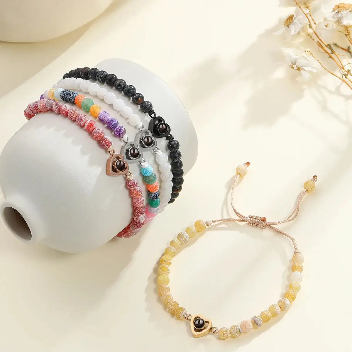 Shopminx Custom Photo Projection Bracelet Personalized Picture Jewelry Gift for Women Style2 / Black Bead / United States