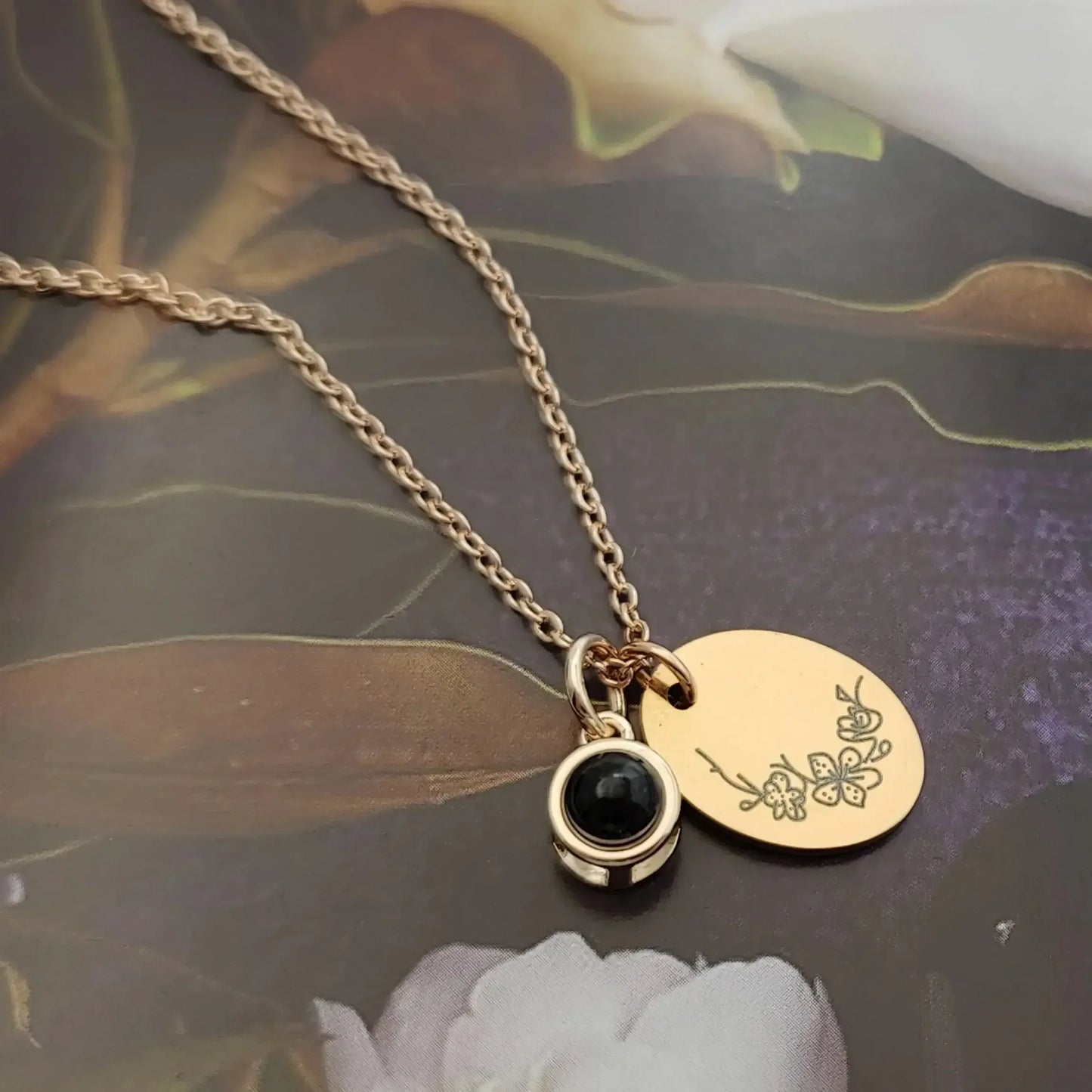 Custom Oval Photo Projection Necklace Birth Flower Name Pendant Rose gold color / December / United States|Leave name to seller