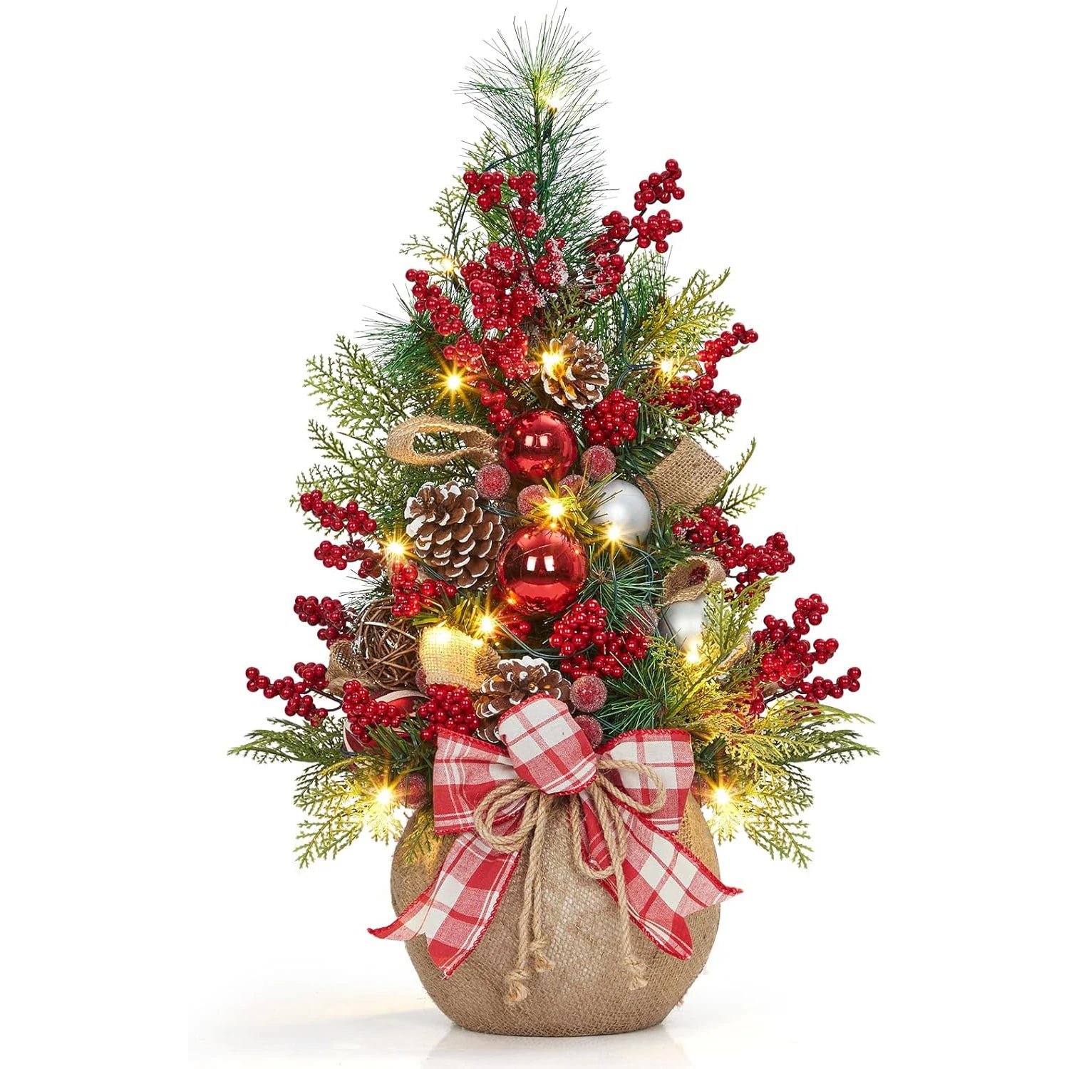 24-Inch Pre-Lit Mini Christmas Tree beautifully decorated with red berries and pine cones, perfect for small spaces.