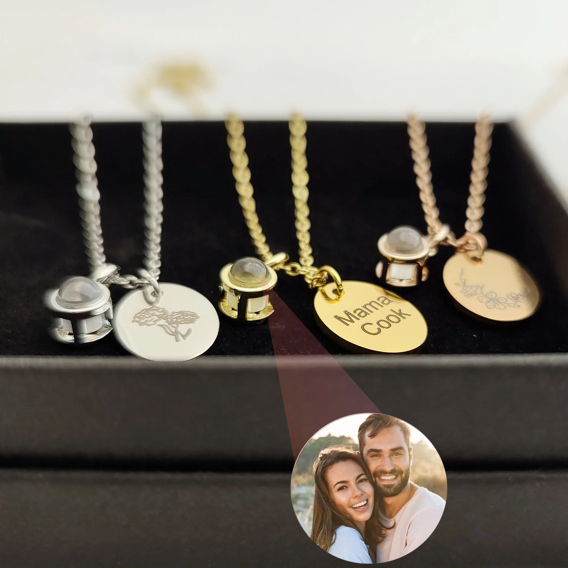 Custom Oval Photo Projection Necklace Birth Flower Name Pendant