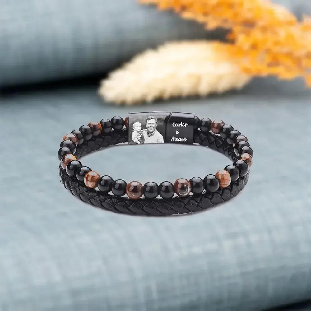 Personalize Men Photo Bracelets with Beads 2 Names Color B