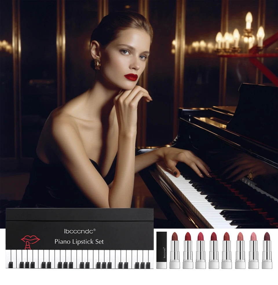 8Pcs/Set Velvet Matte Lipstick Set Long Lasting Waterproof Creative Piano Box Design