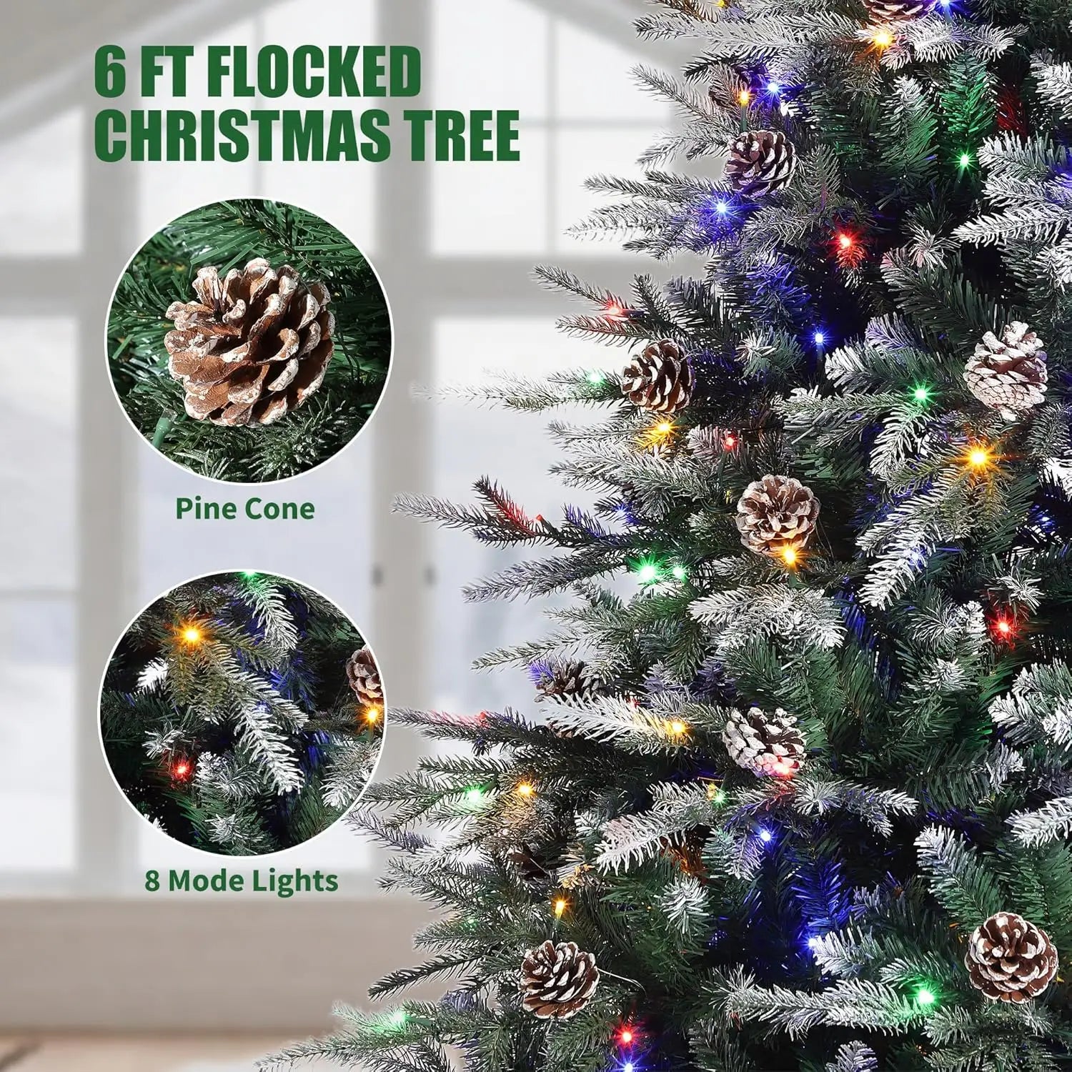 Pre-Lit Snow Flocked Slim Christmas Tree  with LED Lights & Pine Cones