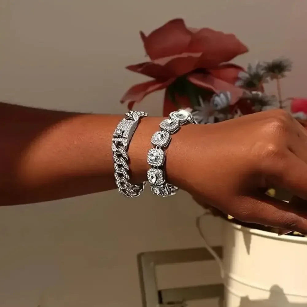 4 Piece Heart Shape Cuban Tenni Bracelet Set for Women United States / SILVER