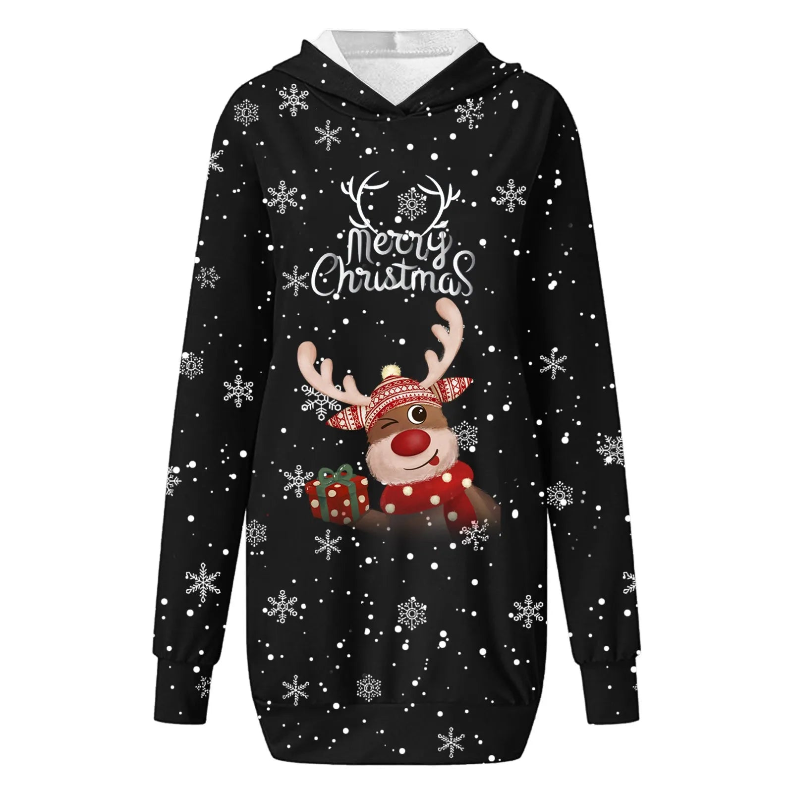 Women & Girls Christmas Sweatshirt Dress – Snowflakes & Reindeer Print, Long Sleeve