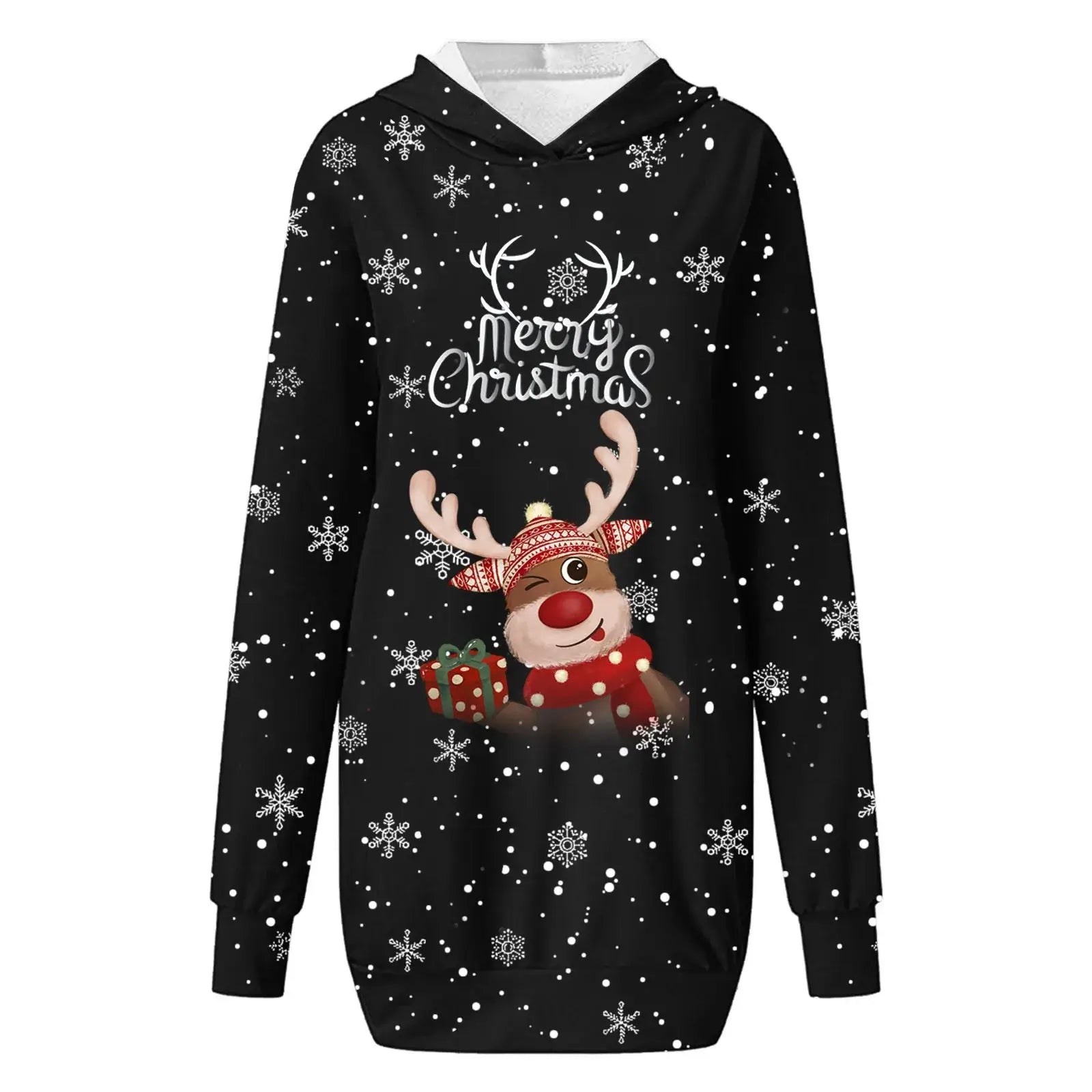 Women & Girls Christmas Sweatshirt Dress – Snowflakes & Reindeer Print, Long Sleeve Wine / M / United States