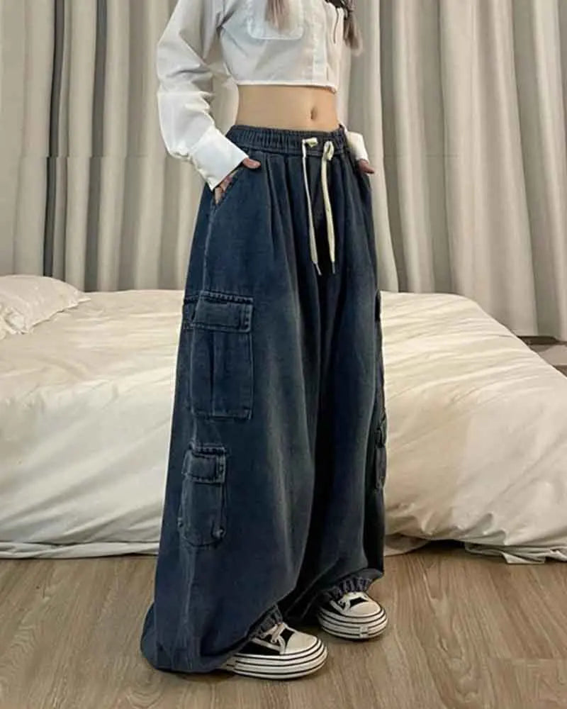 Elastic Waist Straight Wide Leg Pants Oversized Baggy Denim Trousers