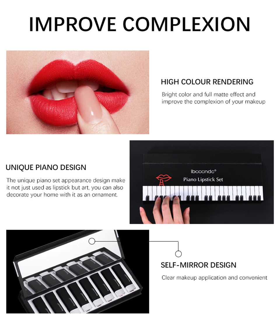 8Pcs/Set Velvet Matte Lipstick Set Long Lasting Waterproof Creative Piano Box Design