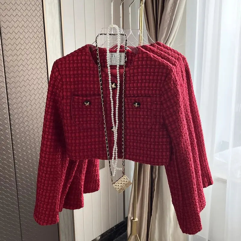 Single Breasted Tweed Weave Cropped Tops