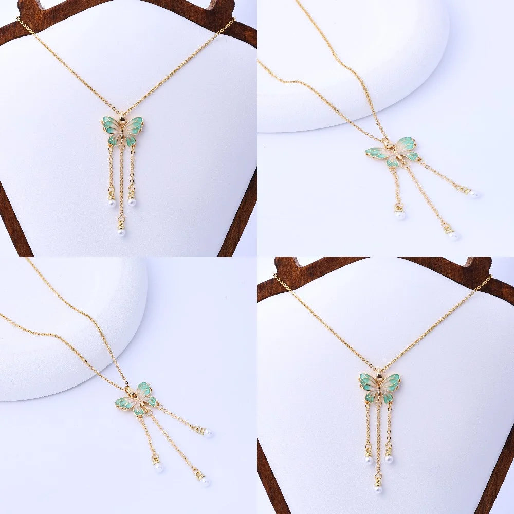 Fluorescent Butterfly Pearl Pendant Necklace