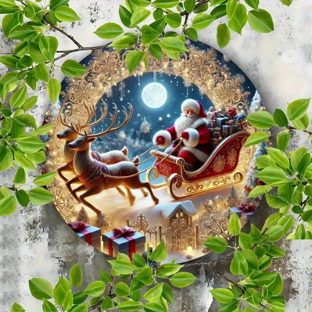Santa Claus Sleigh Round Metal Wall Sign