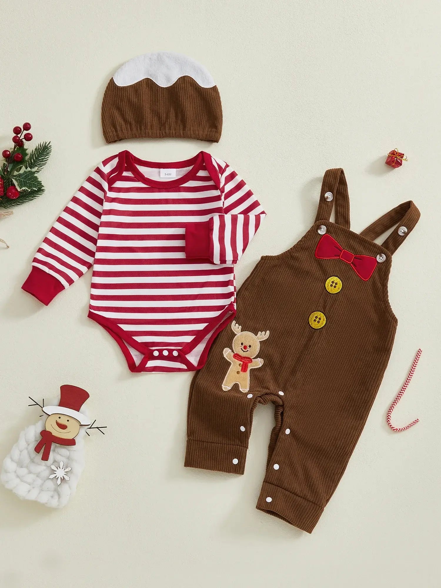 Christmas Baby Boy 3-Piece Reindeer Romper Set with Hat Brown / 0-3 Months / United States