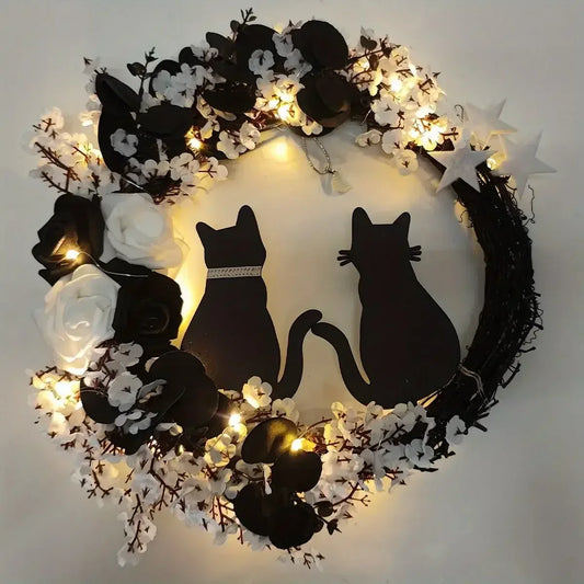 Black Cat Halloween Wreath – Crescent Spooky Front Door Décor White / United States