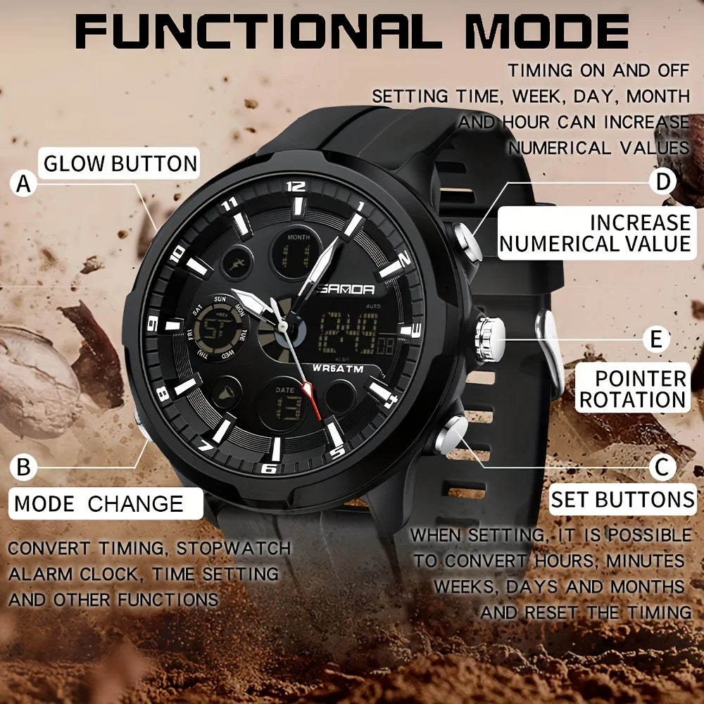 Electronic Round Watch Luminous Dual Display Timing Week Date Alarm Clock Stopwatch Multi Function Watch