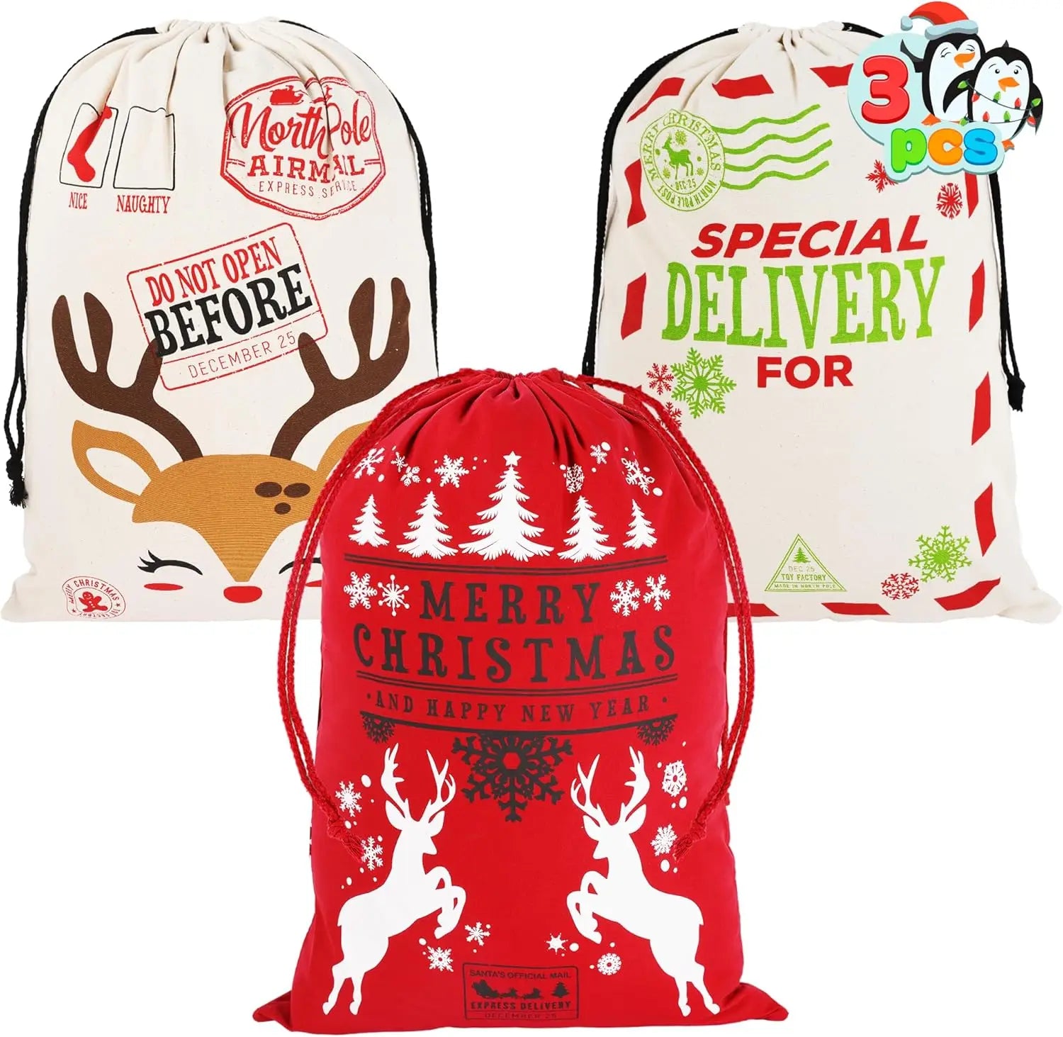 Pack Large Santa Sack Canvas Christmas Gift Bags with Drawstring
