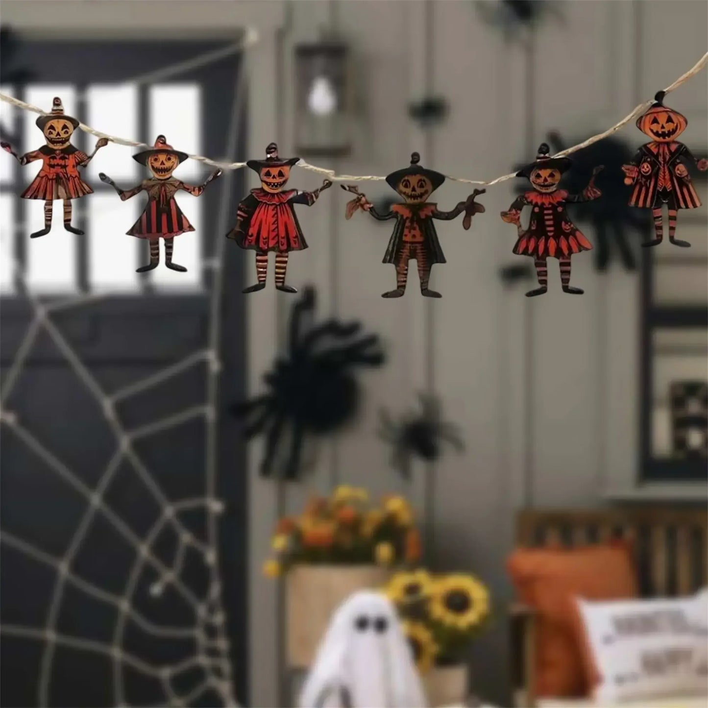 Retro Halloween Wooden Garland – 6PCS Jack-o’-Lantern & Witch Banner Dark Khaki / 12cmx10cm / United States