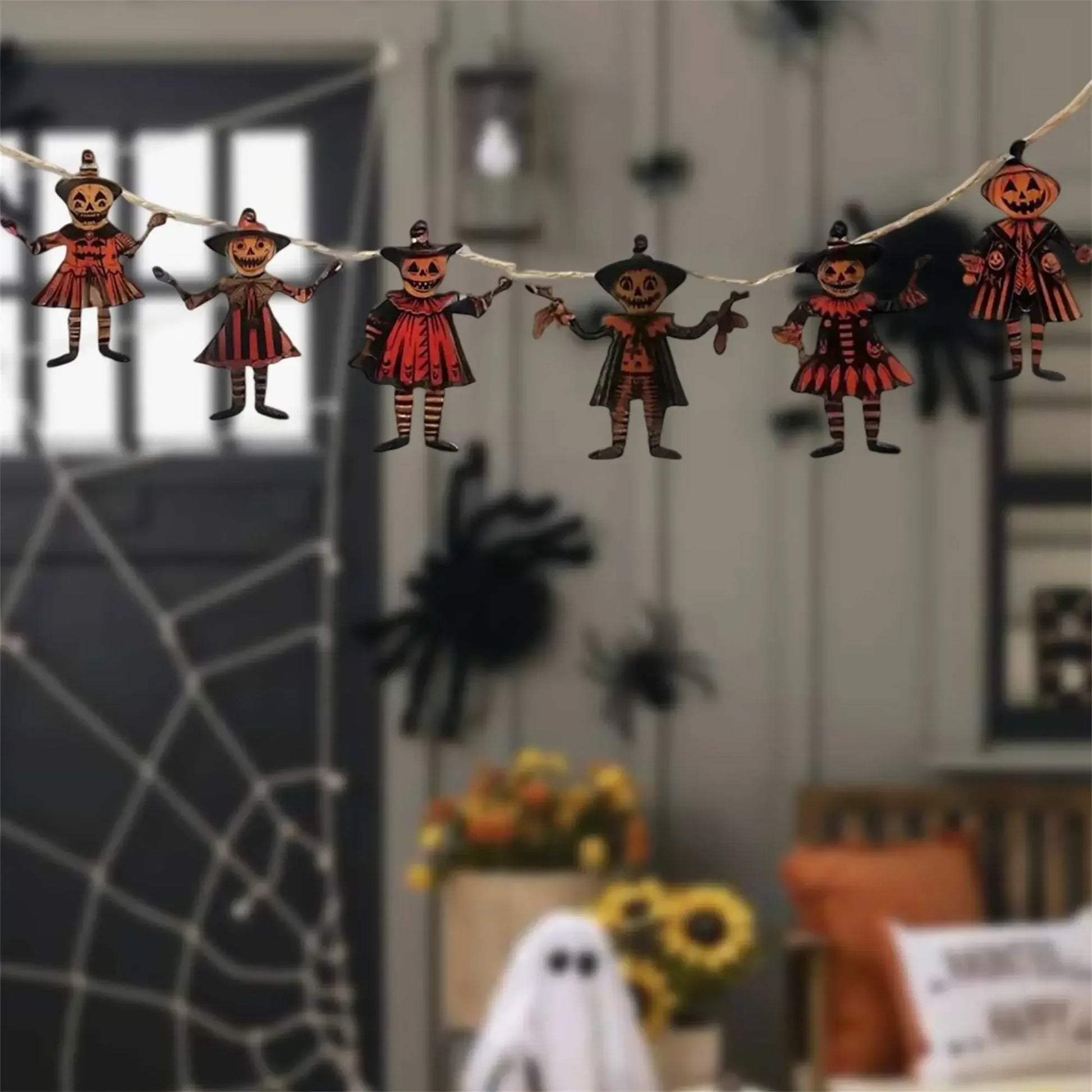 Retro Halloween Wooden Garland – 6PCS Jack-o’-Lantern & Witch Banner Dark Khaki / 12cmx10cm / United States
