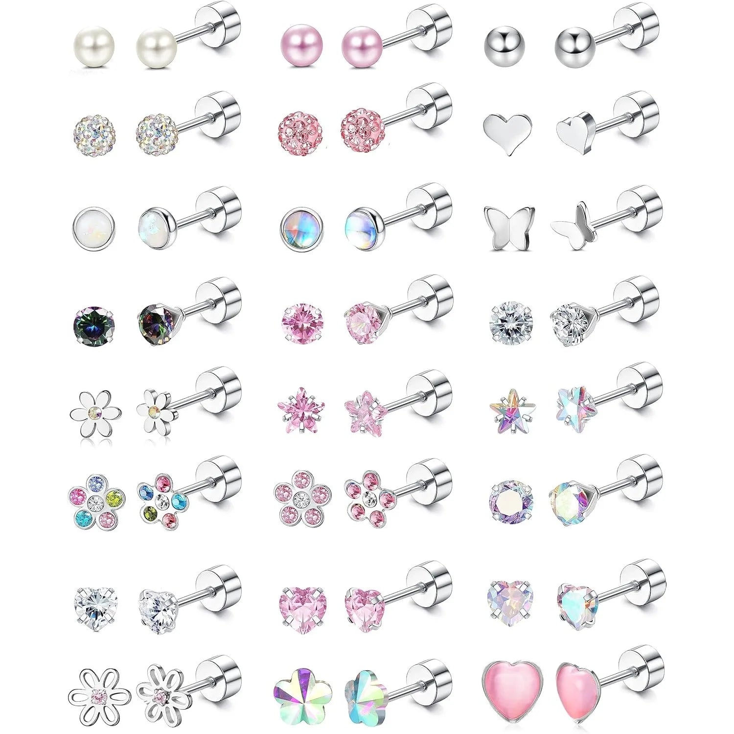 24-Pair Stainless Steel Screw Back Stud Earrings Set for Women & Girls