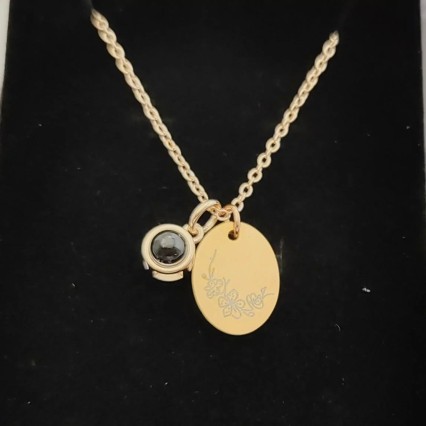 Custom Oval Photo Projection Necklace Birth Flower Name Pendant Gold color / March / United States|Leave name to seller