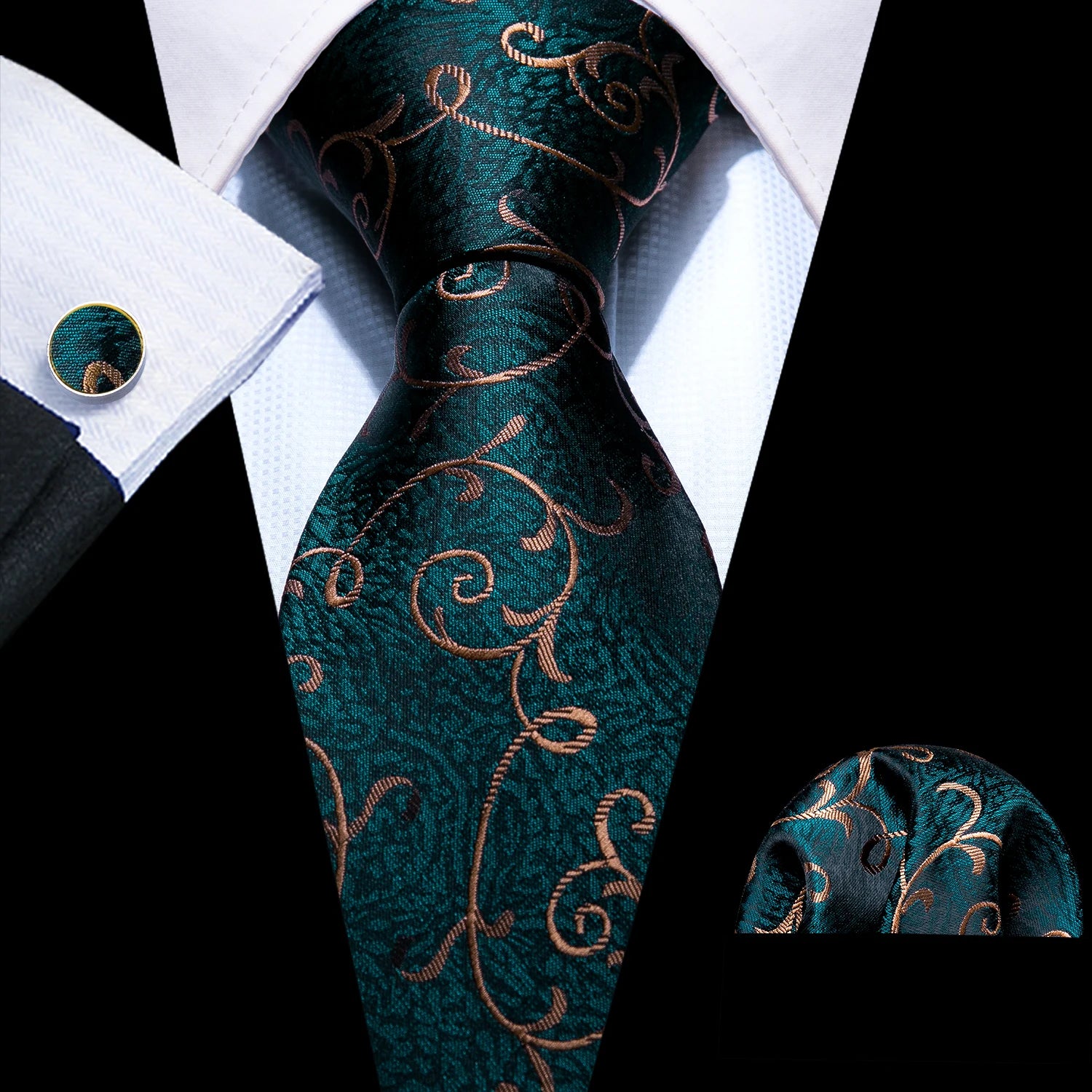 Green & Gold Floral Jacquard Tie Set with Pocket Square & Cufflinks