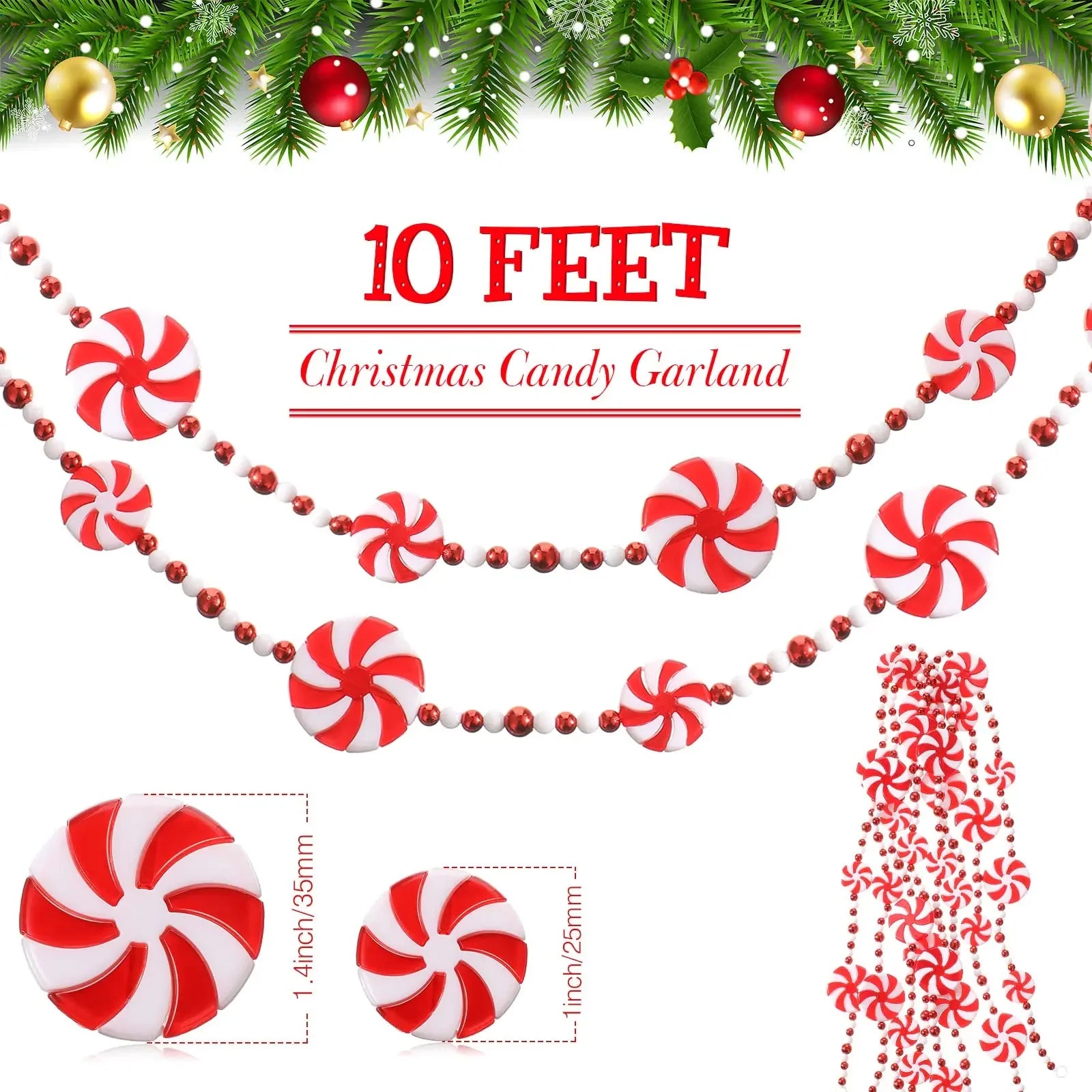 10FT Peppermint Candy Christmas Garland – Festive Crystal Candy Tree & Home Decoration