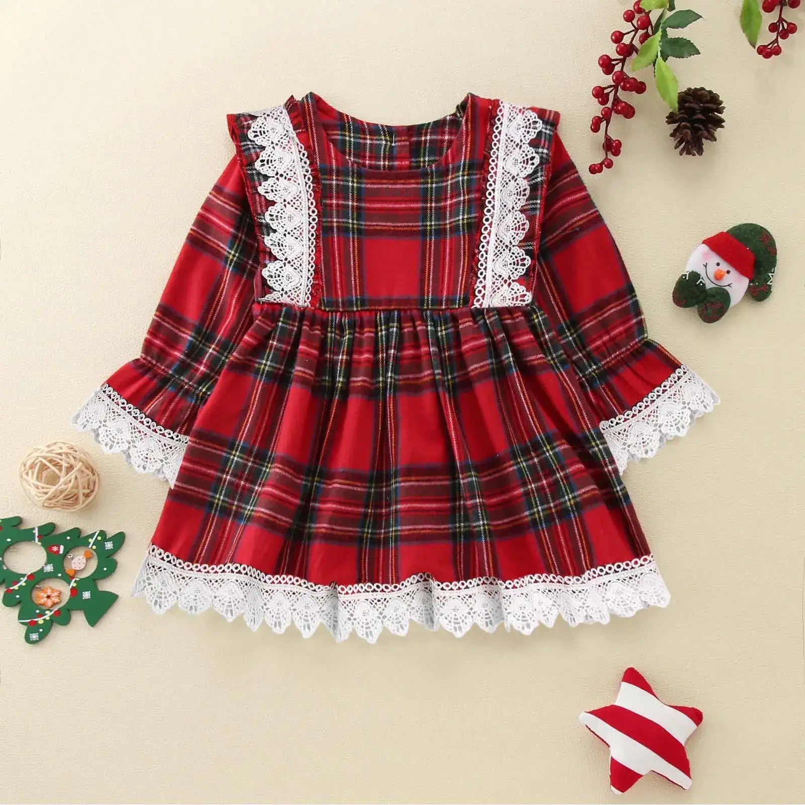 Toddler Girls Christmas Lace & Plaid Patchwork Dress Red / United States / 3-4 Years