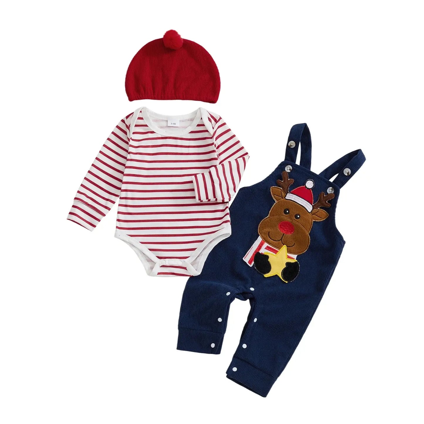 Christmas Baby Boy 3-Piece Reindeer Romper Set with Hat Blue / 12-18 Months / United States