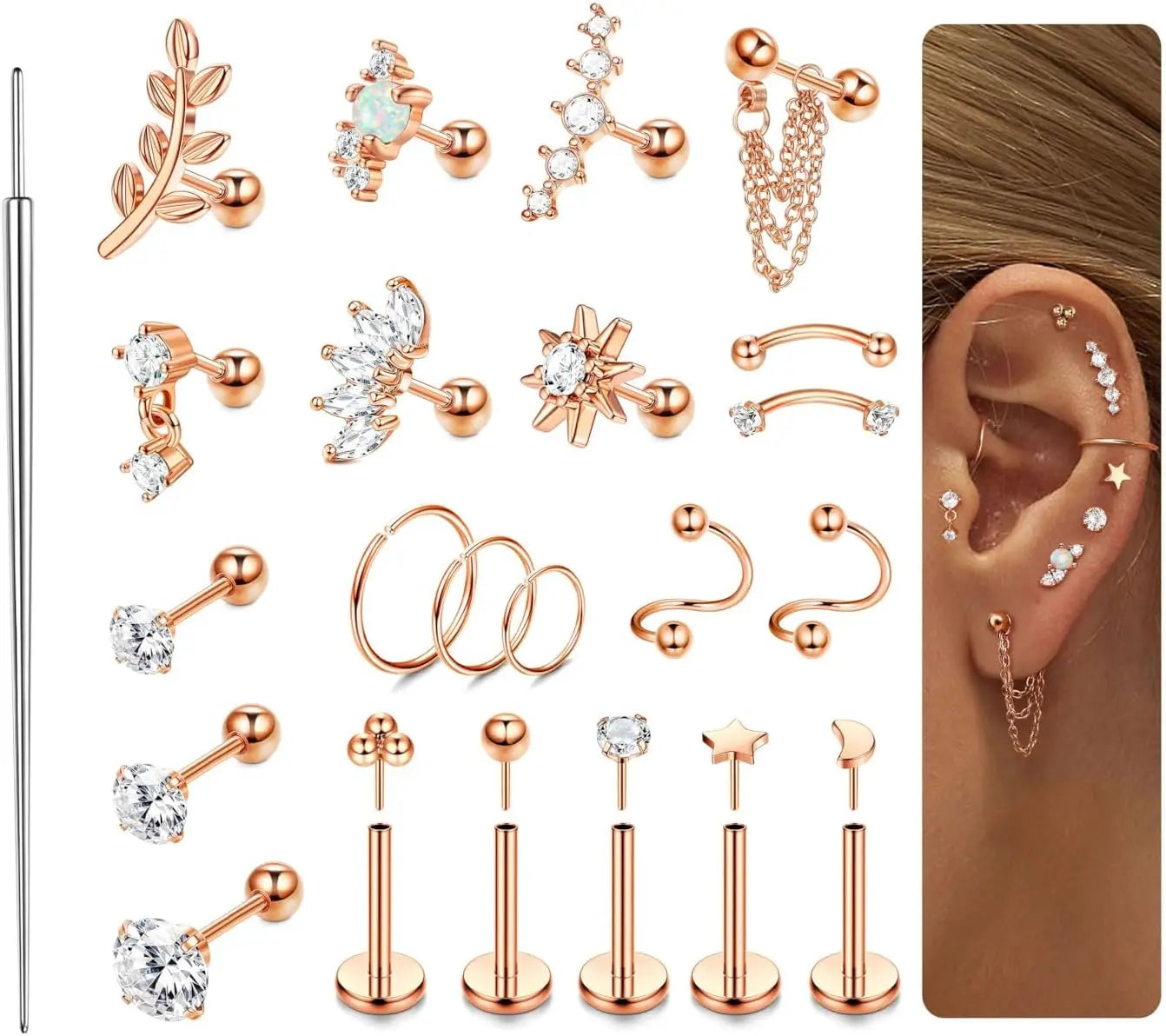 22-Piece 16G Cartilage Earrings Set for Women – Surgical Stainless Steel Helix & Nose Piercing Jewelry