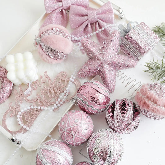 6Pcs Pink Christmas Tree Ornament Set – Sequin, Plush, Bow & Letter Decorations 6 PCS / United States