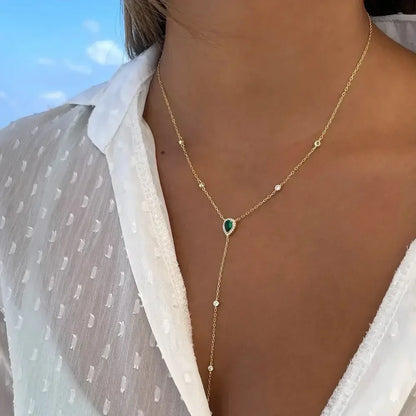 Emerald Green Teardrop Lariat Necklace Minimalist Y Drop Pendant for Women Gold green / United States