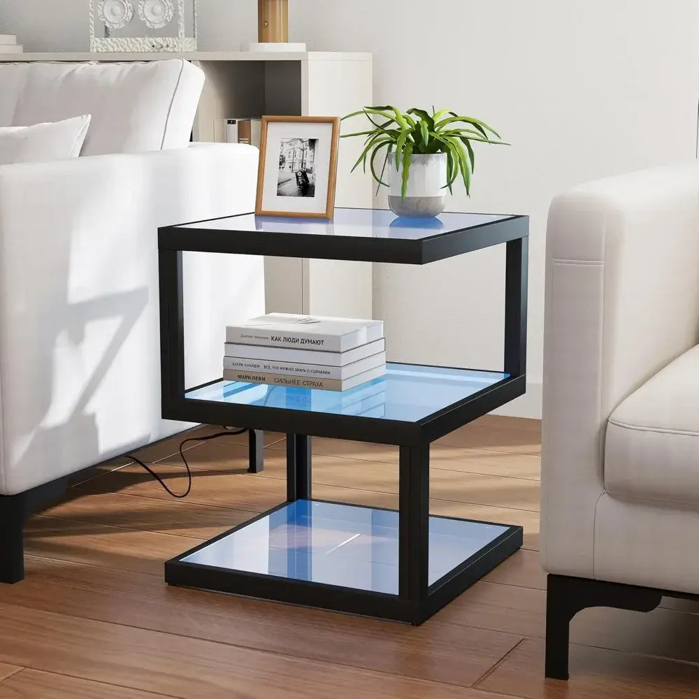 3-Tier S-Shaped Glass Side Table with LED Strip
